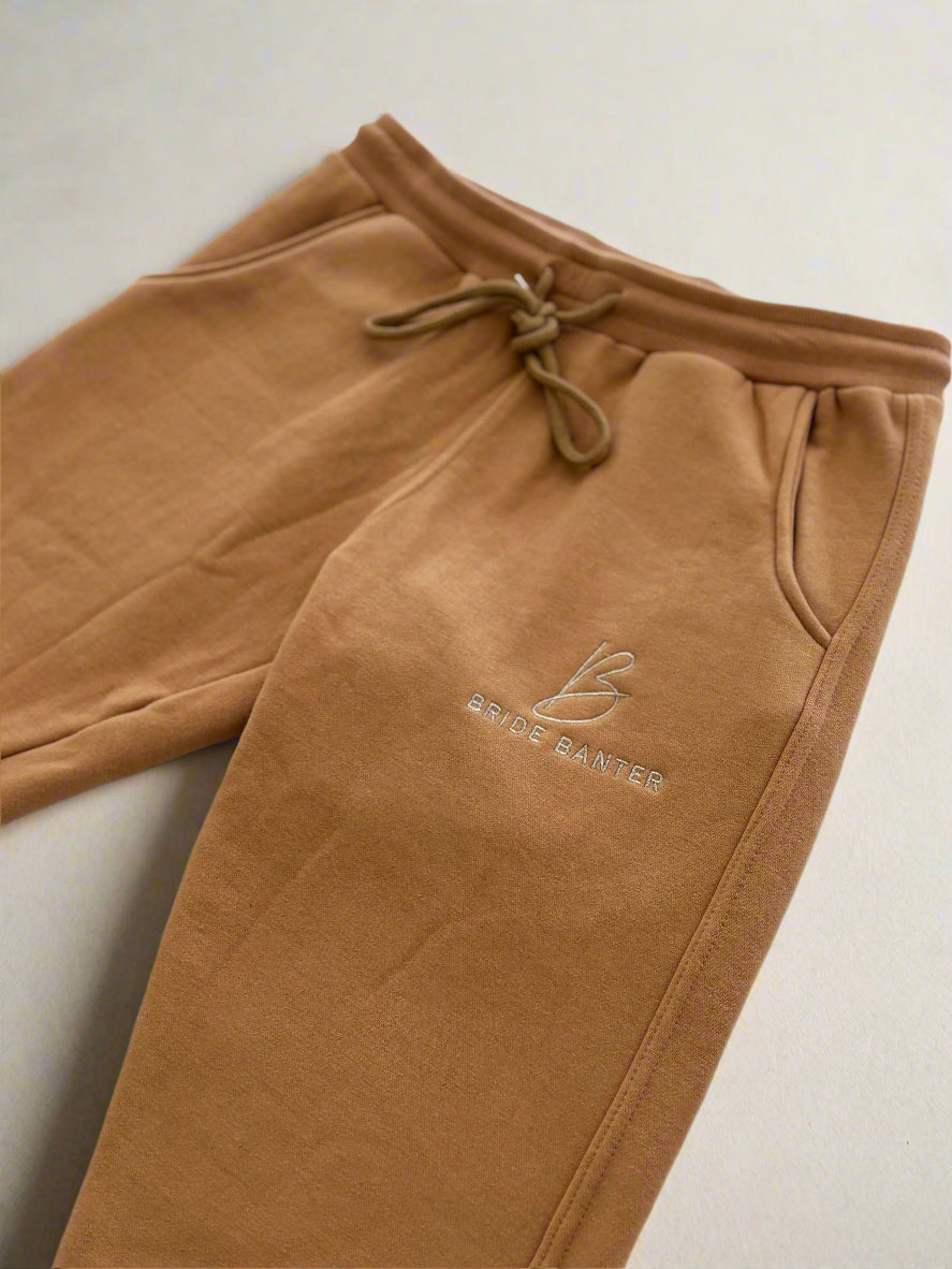 Bride Banter embroidered jogger pants on a solid white background