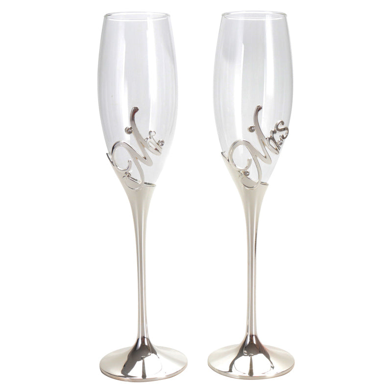 Mr & Mrs Silver Champagne Flutes