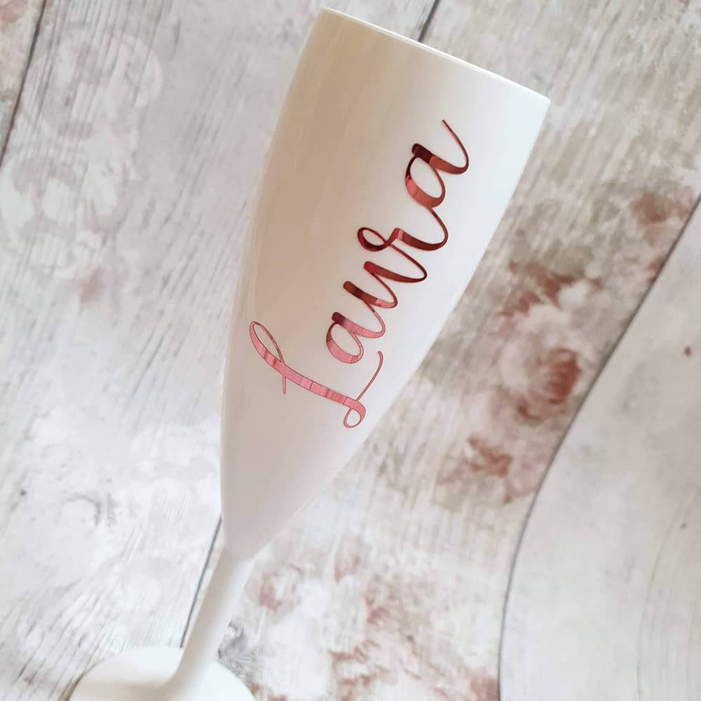 Personalized White Champagne Flutes | Bridal Party Gift |