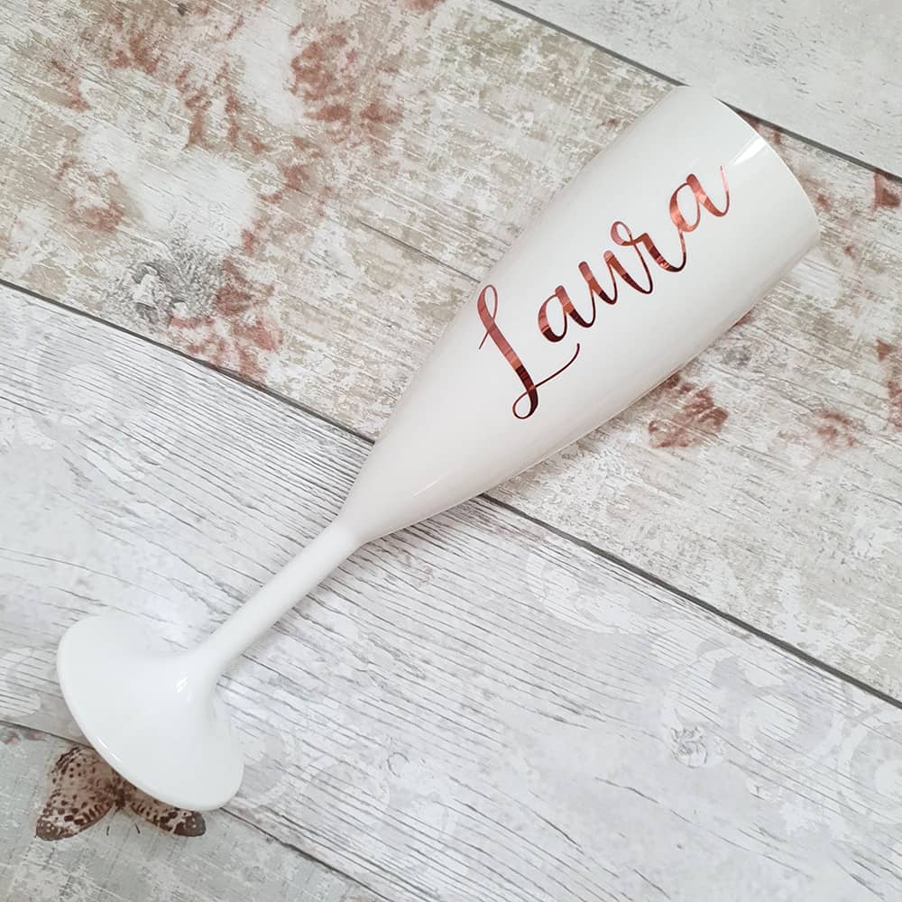 Personalized White Champagne Flutes | Bridal Party Gift |