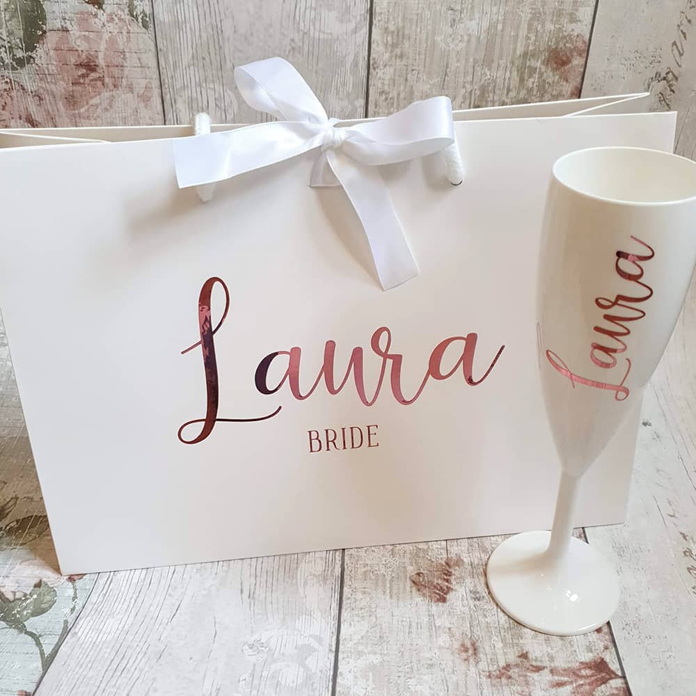 Personalized White Champagne Flutes | Bridal Party Gift |