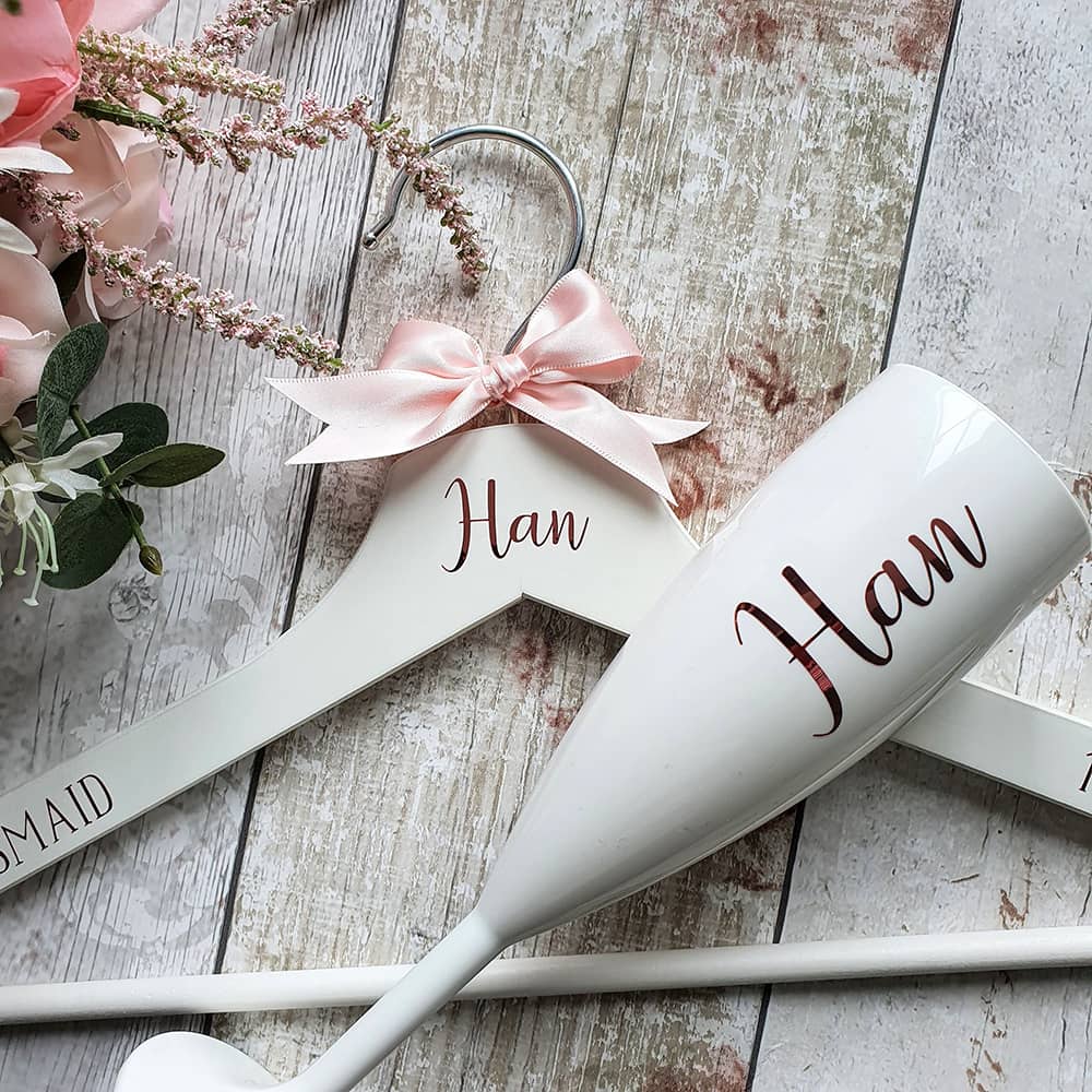 Personalized White Champagne Flutes | Bridal Party Gift |